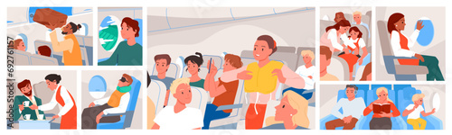 Passengers travel by plane vector illustration. Cartoon people sitting in seats in cabin interior of airplane, looking out window or sleeping, flight attendant serving drink, introducing life vest