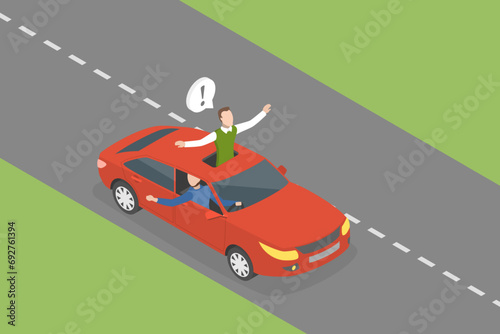3D Isometric Flat Vector Illustration of Dangerous Car Driving, Passenger Hanging out of Sunroof