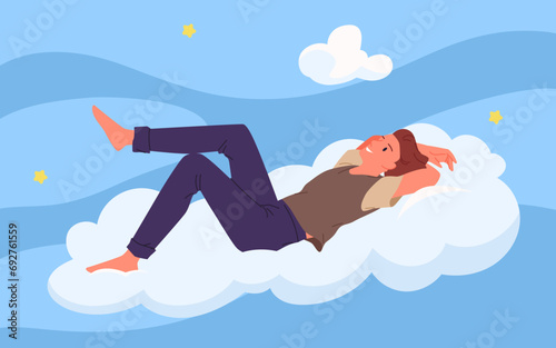 Happy man flying on cloud in blue sky to relax and dream vector illustration. Cartoon guy lying with comfort to enjoy imagination travel and resting, male dreamer character thinking, feeling harmony