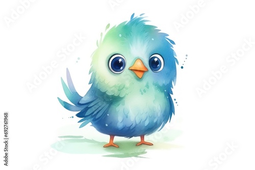 Watercolor Illustration of Cute green Bird. Charming forest animal. Isolated on white background. Ideal for kids book, educational material, decor, decorative print, greeting card, scrapbooking © Jafree