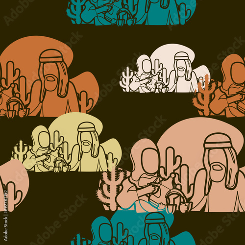 Editable Arab Lady Pouring Coffee From Dallah Pot into Finjan Cup for Husband Vector Illustration as Seamless Pattern With Dark Background for Islamic Moments or Arabian Culture Cafe Related Design