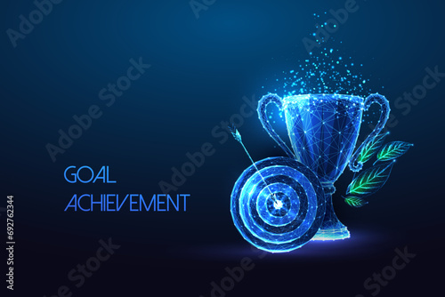 Goals achievment, business accomplishment futuristic concept with target and trophy symbols photo