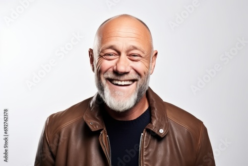 Portrait of a smiling senior man in leather jacket on grey background