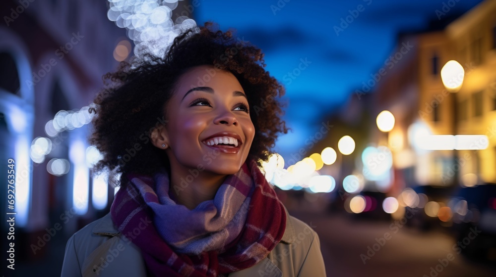 A happy woman in a busy city. A happy woman in a busy city.