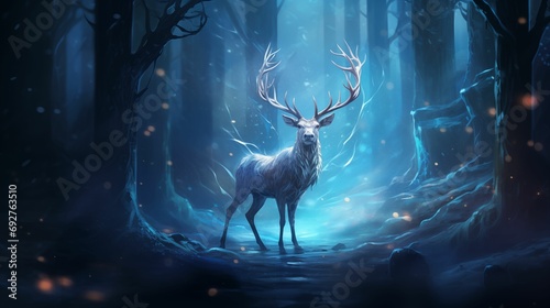 A magic deer in a snowy forest.