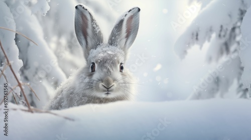 A nice gray hare in the snow forest.