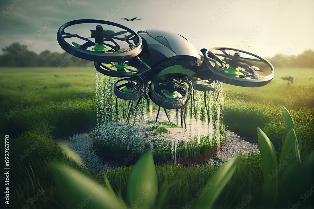 Modern technologies in agriculture. industrial drone flies over a green field and sprays useful pesticides to increase productivity and destroys harmful insects. increase productivity. High quality - obrazy, fototapety, plakaty 