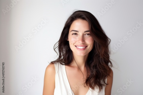 Portrait of a beautiful young brunette woman smiling at the camera.