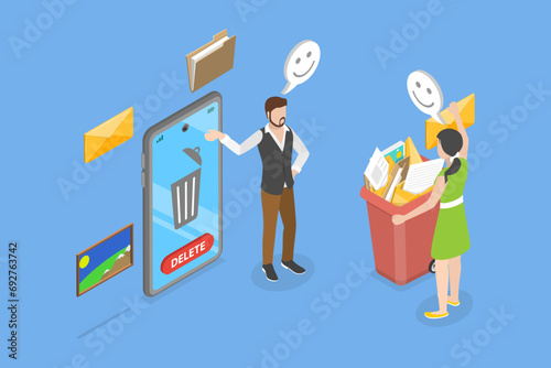 3D Isometric Flat Vector Illustration of Cleaning Mobile Phone, Message Trash photo