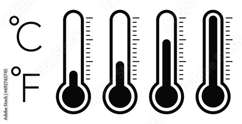Temperature symbol set.Weather Sign.Temperature icons vector set.Thermometer isolated vector signs on white background.Hot cold measurement heat cold icon. photo