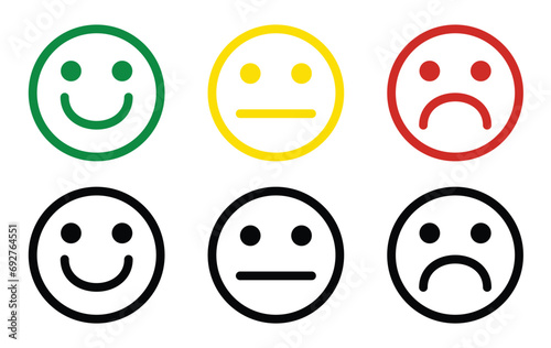 Face smile icon positive, negative neutra vector.Basic emoticons set.Emoji icon set on white background.Happy and sad emoji smiley faces for apps and websites.Vector illustration. photo