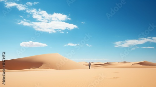 A solitary figure walking alone in the vast and serene desert landscape.