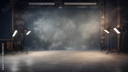 A stylish studio background bathed in the soft glow of projector lights.