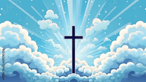 illustration of christian cross with sun rays on blue background with clouds. concept of religion, paradise, holy week photo