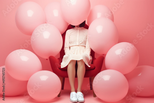 Unrecognizable woman sitting among pink air balloons, generative ai