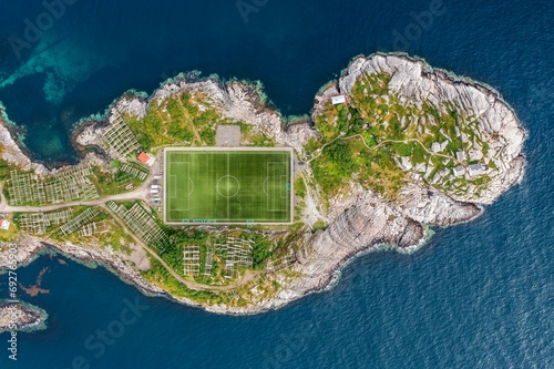 Aerial view, island with football pitch, Henningsvaer, Vestvagoy, Lofoten, Norway, Europe