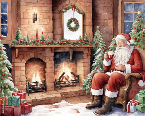 santa claus in front of fireplace