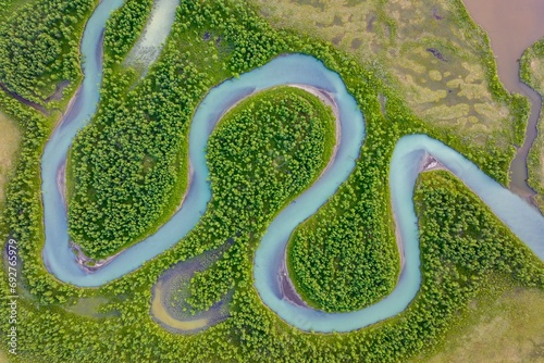 River landscape from the air, close-up, Laddjujohka river, Nikkaluokta, Lapland, Sweden, Europe