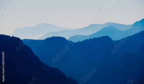 Morning atmosphere, mountain silhouette on the Postalm, Osterhorn group, Salzkammergut, Salzburg province, Austria, Europe