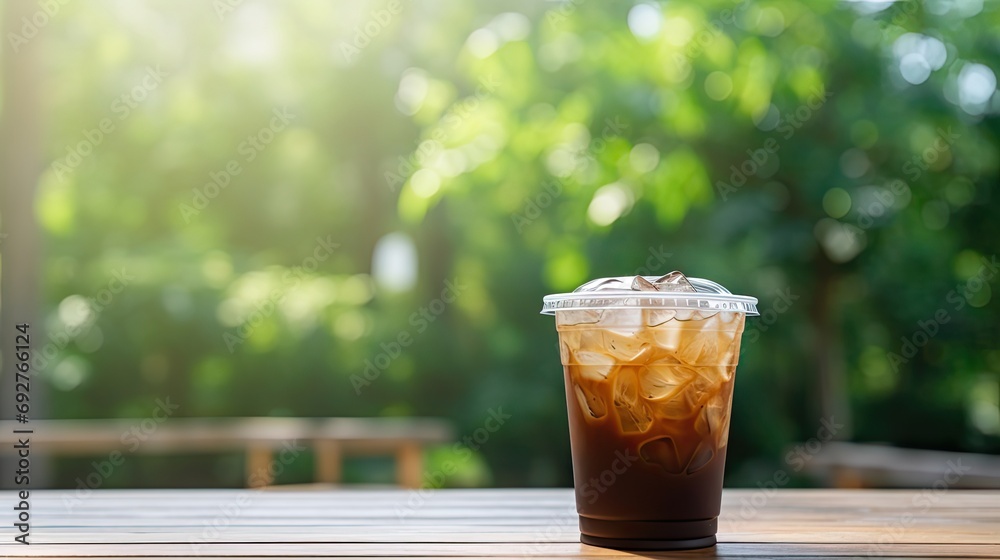Copy space a plastic coffee cup cold coffee is placed Copy space a plastic coffee cup cold coffee is placed