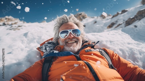 Closeup portrait of caucasian old man laying on snow, flatlay.