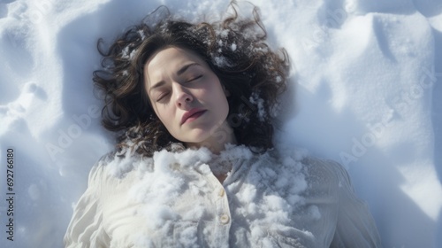 Closeup portrait of caucasian woman laying on snow, flatlay.