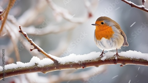 An image of robin perched on a snow-covered branch.