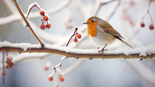 An image of robin perched on a snow-covered branch.
