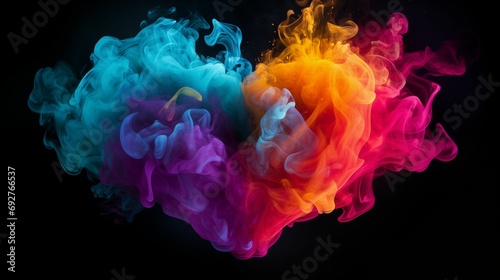 An image of shape of a heart formed by colorful smoke.
