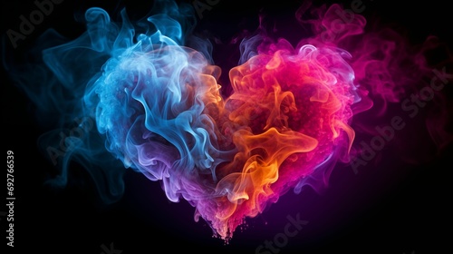 An image of shape of a heart formed by colorful smoke.