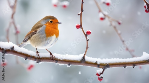 An image of robin perched on a snow-covered branch. © kept