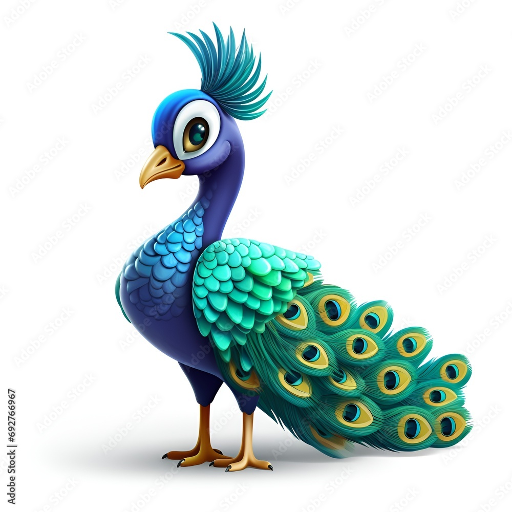 Obraz premium Charming 3D Peacock Icon on White Background