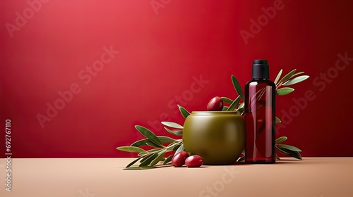 Cosmetic products with clove essential oil on light red or light green
