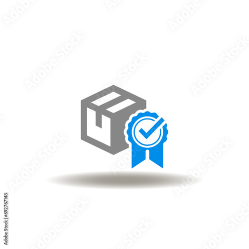 Vector illustration of box package and stamp with check mark. Icon of customs. Symbol of quality control of delivery package box.