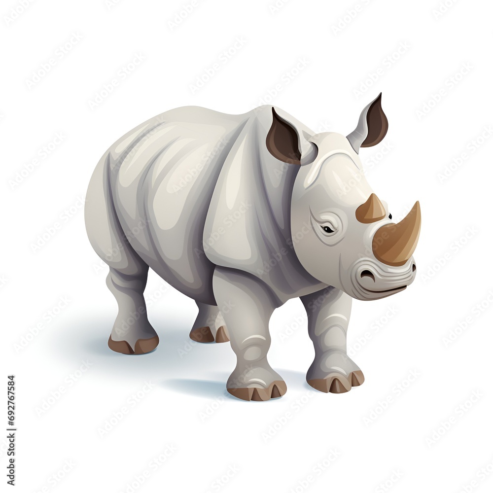 Cute 3D Rhinoceros Cartoon Icon on White Background