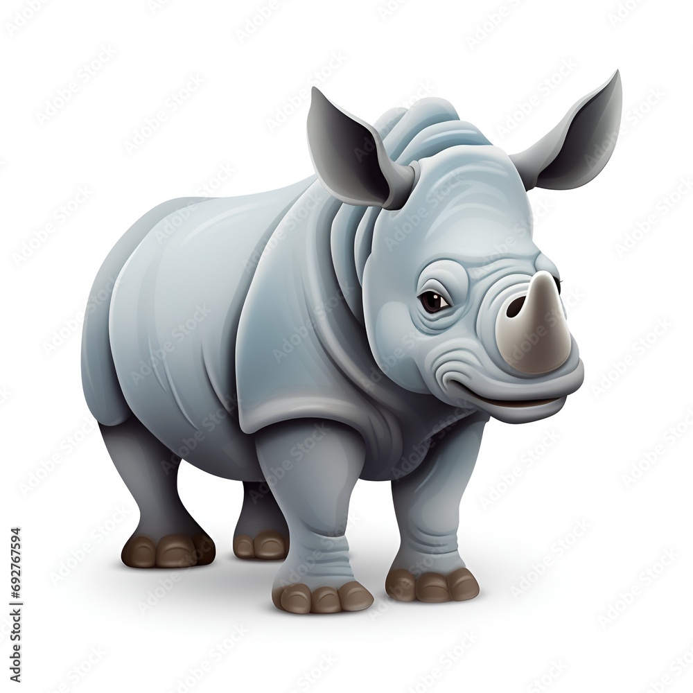 Cute 3D Rhinoceros Cartoon Icon on White Background