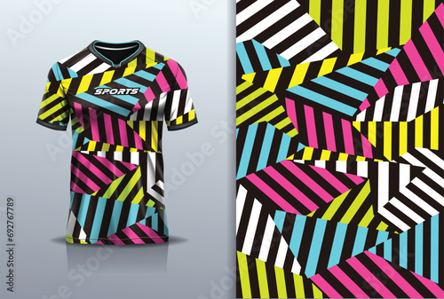 T-shirt mockup with abstract stripes line camouflage jersey design for football, soccer, racing, esports, running, in full color