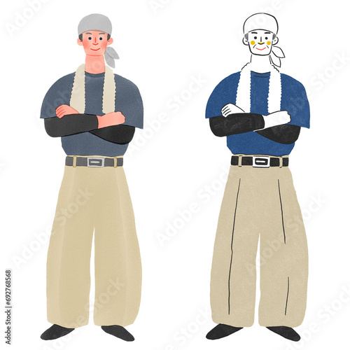 作業着を着た建築関係の大工さんの男性全身手描きイラスト
