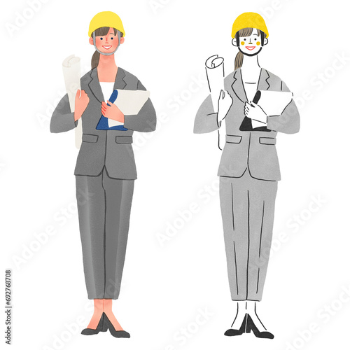 建築関係の仕事をするヘルメットをかぶった女性の全身手描きイラスト