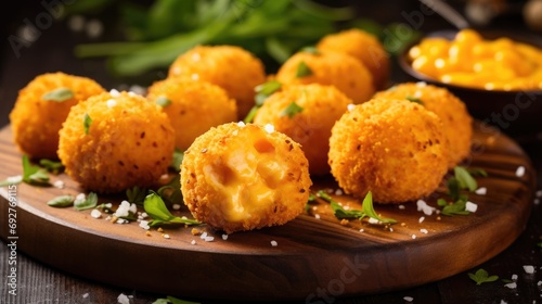 Deep Fried Mac and Cheese Balls on a Wooden Platter with Tasty Sauce and Selective Focus. Delicious and Healthy Snack with Mozzarella Cheese and Golden Background
