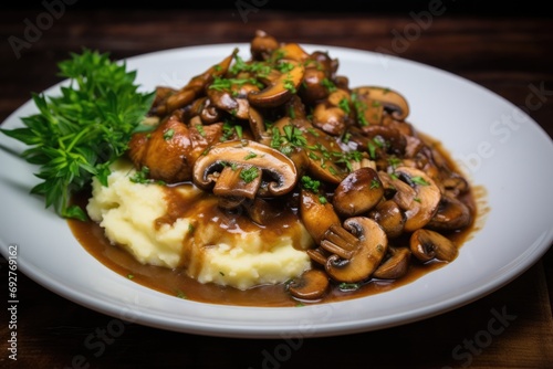 Savory Chicken Marsala Dish with Mashed Potatoes and Vegetables in Warm Mushroom Wine Sauce. A Delicious Meal that Warms the Soul