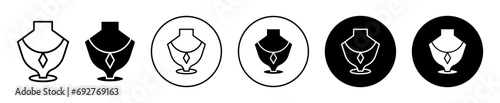 Necklace display icon. female wedding luxury gold diamond jewelry on dummy mannequin stand to display necklace symbol set. bridal pennant chain collection store logo. necklace display stand sign 
