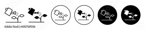 Plant watering can icon. garden flowerpot water sprinkling hand container equipment in agriculture farming symbol set. small plant growth watering irrigation by spray vector logo