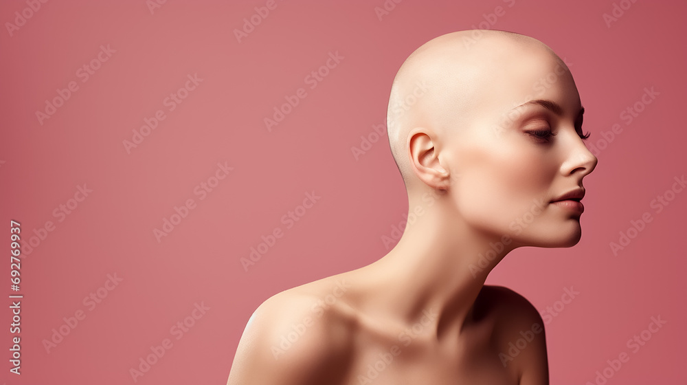 Beautiful young woman with bald head after chemotherapy on isolated pink background, World Cancer Day. Beautiful young woman with bald head after chemotherapy on isolated pink background, World Cancer Day.