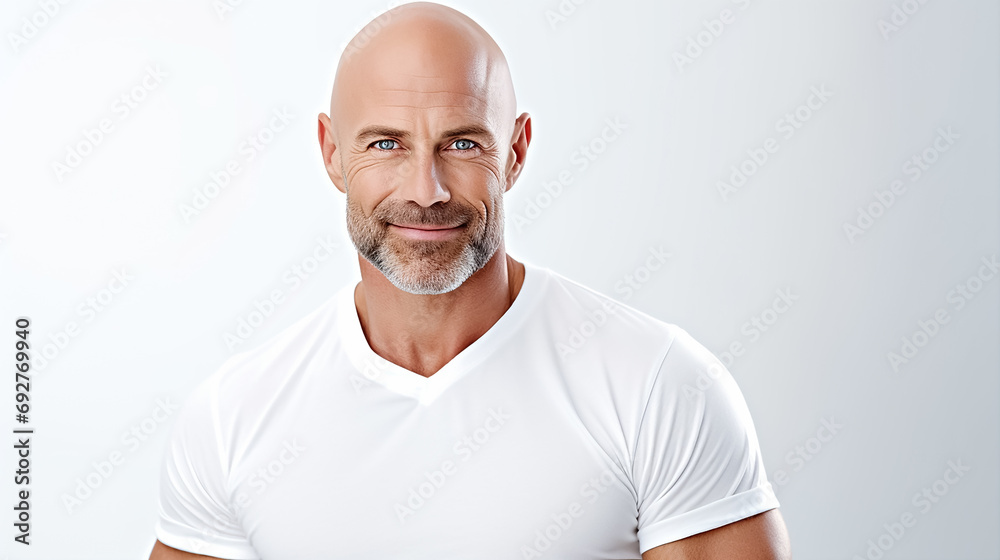 Handsome man with bald head after chemotherapy on isolated white background, World Cancer Day. Handsome man with bald head after chemotherapy on isolated white background, World Cancer Day.