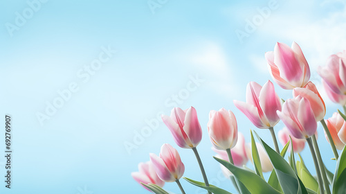 Spring bouquet of pink tulips on an isolated blue background with copyspace, pastel colors.