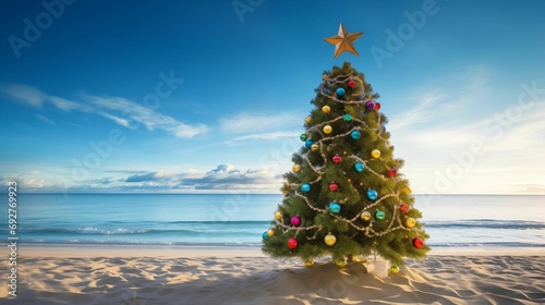 Christmas tree standing on a sandy tropical beach.