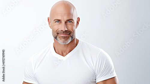 Handsome man with bald head after chemotherapy on isolated white background, World Cancer Day. photo