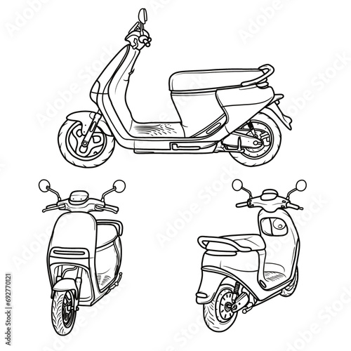Futuristic Electric Scooter Bike hand drawn ink line art, moped vector illustration line art, isometric, side and rear view Isolated on white background 