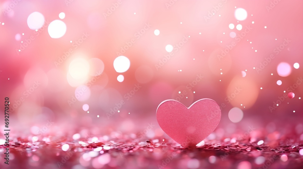 Glittery pink glitter background decorated with defocused abstract lights in the shape of a heart.